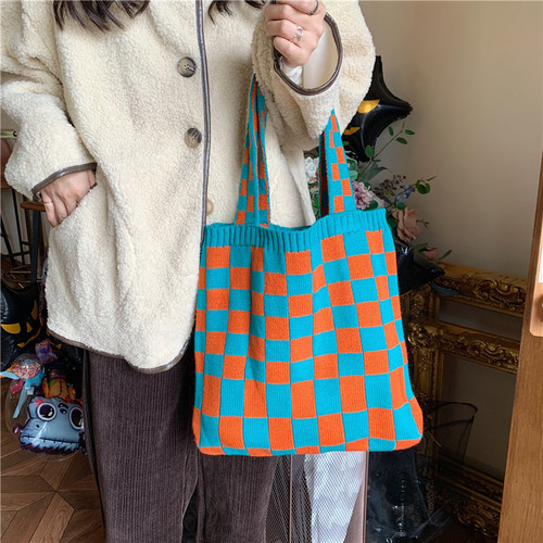 110281 Knitted checkerboard bag for women autumn and winter new casual tote bag large capacity portable canvas bag ins