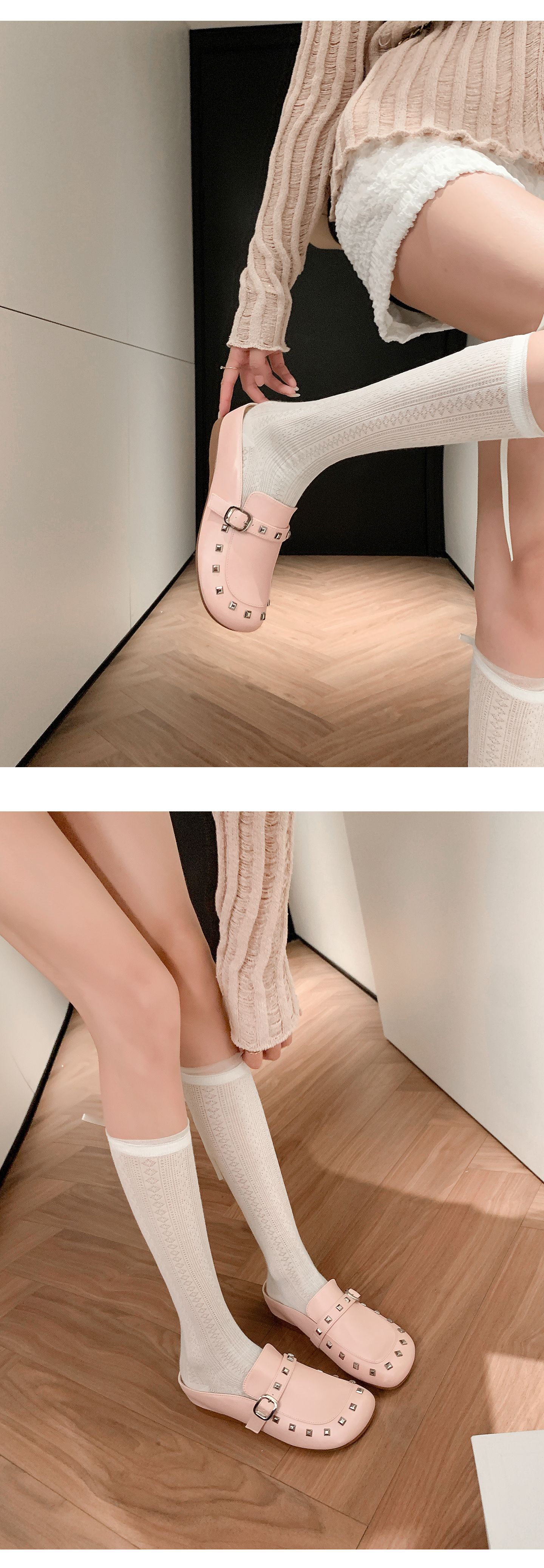 Mule nữ bít mũi đế tăng 4cm đinh tán – giày hè một bước xỏ — màu đen, màu hồng chi tiết 16