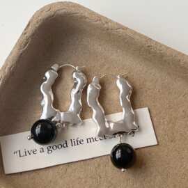 时尚潮流黑玛瑙圆球坠耳环 波浪不规则设计 韩式精致时尚新潮耳扣