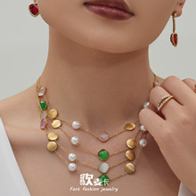 不锈钢猫眼石多色手工串胶珠锁骨项链镀18k真金质感女款珠宝首饰
