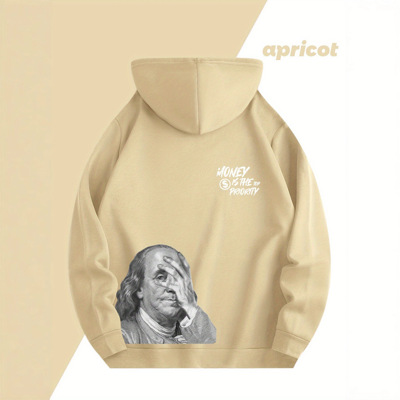 Quirky sweatshirt, printed with a Franklin face covering and money slogan on the back, loose-fitting, drop-shoulder hoodie. Quirky sweatshirt, printed with a Franklin face covering and money slogan on the back, loose-fitting, drop-shoulder hoodie.