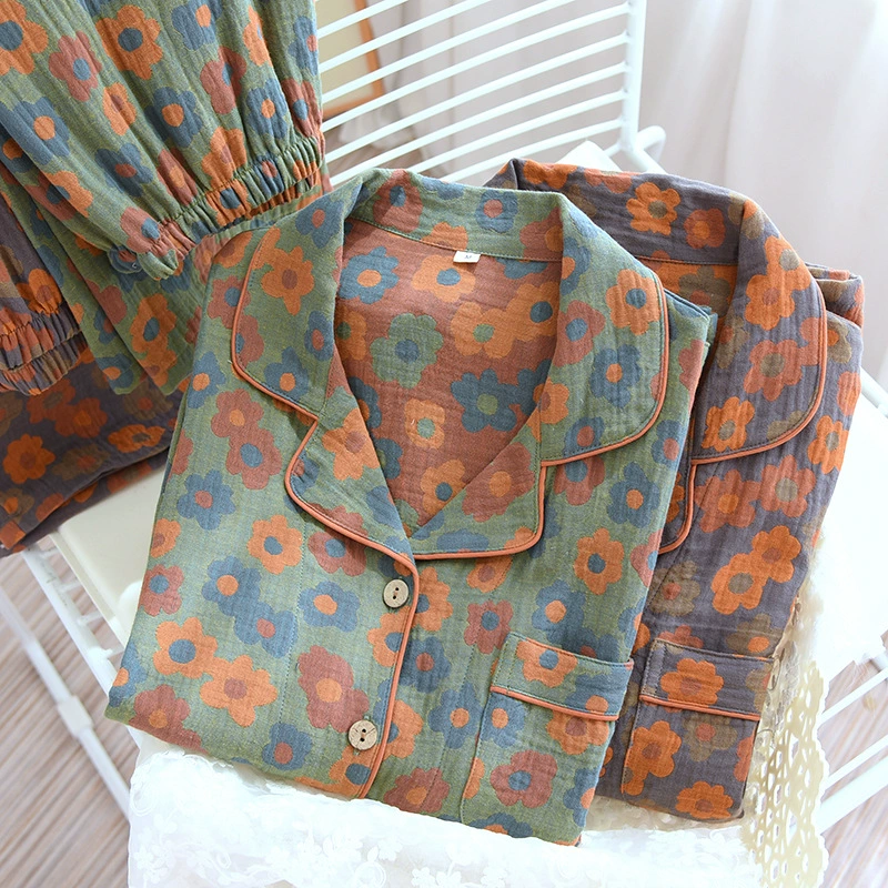 Весна и осень женская хлопковая Домашняя одежда костюм кардиган с длинными рукавами Пижама винтажная Цветочная тонкая марля летняя одежда для кондиционирования воздуха