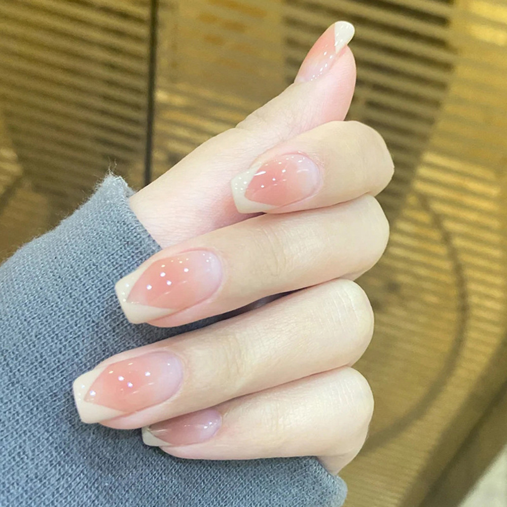 Discutir puro polvo desnudo gradiente manicura francesa cuadrada uña corta suave viento usar 24 piezas de uñas falsas lote mixto