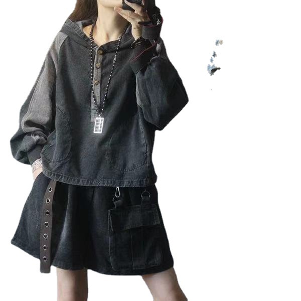 Осенний ретро деним шортсвитшот с капюшоном, oversize