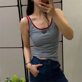 顶~级版本P家2026夏季新款条纹宽肩带背心舒适透气百搭无袖上衣女