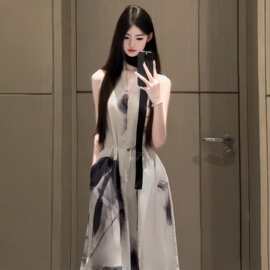 新中式国风水墨印花无袖V领连衣裙子女夏2025新款感气质长裙