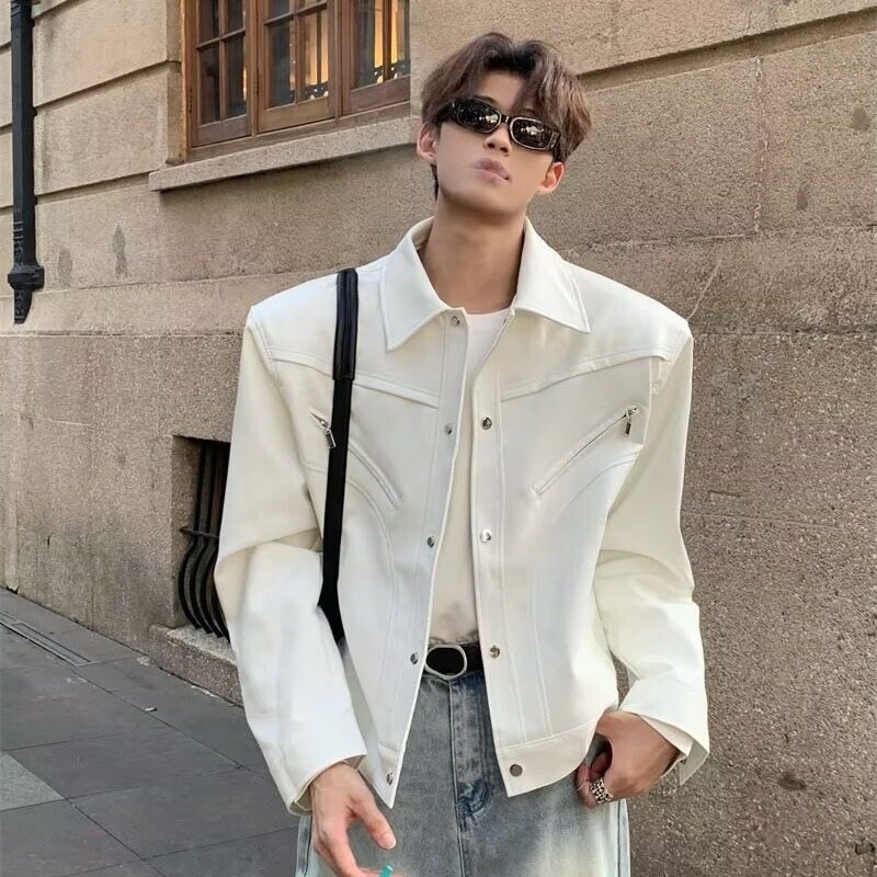 垫肩皮衣外套男2025秋季新款美式痞帅翻领机车夹克翻领机车服上衣|undefined