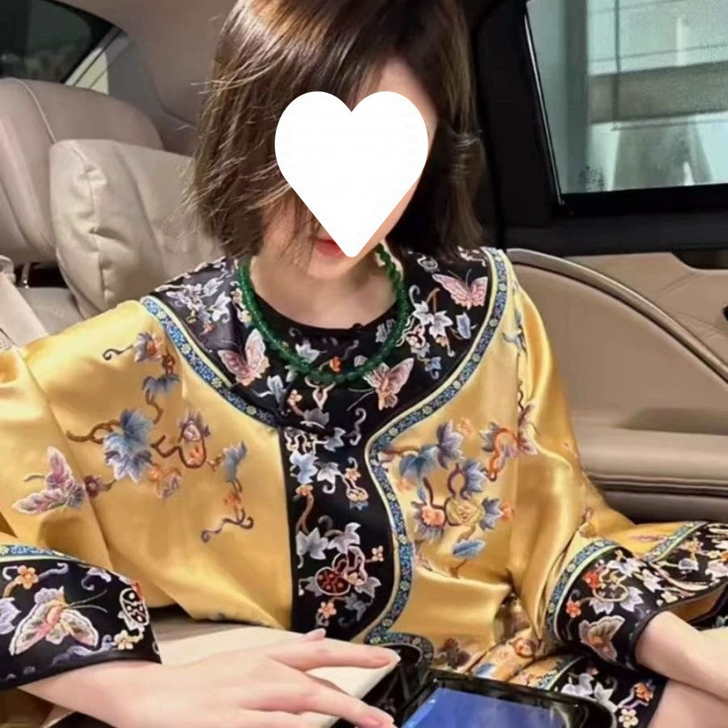 Новый улучшенный древний костюм в китайском стиле Qing Han, женская желтая атласная рубашка с принтом, женская рубашка 2025 года, лето и осень, нишевый костюм в национальном стиле Tang, женский костюм