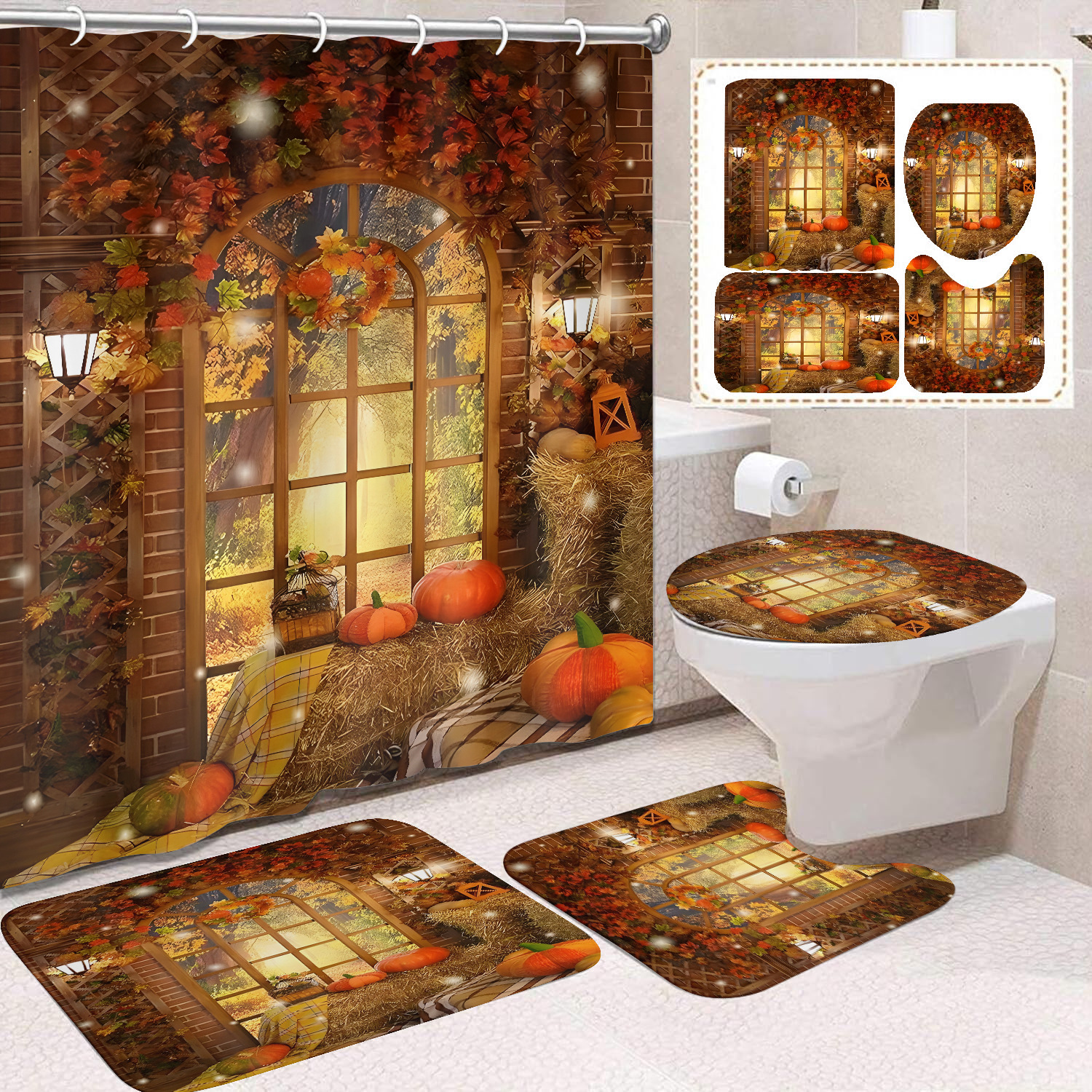 Cortina de ducha de Acción de Gracias, cosecha de otoño, serie de calabaza, cortina de ducha, cortina de baño, cortina de baño impermeable de poliéster, cortina de baño de cuatro piezas image 55