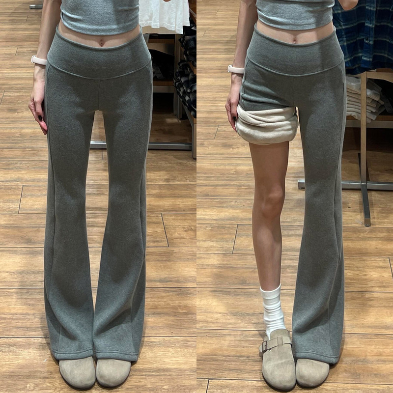 Lulu Flared Pants for Women, Autumn and Winter, Fleece-Lined, Low-Waisted, Drapey, Outerwear Leggings, Petite, Sports Yoga Bell-Bottom Sweatpants