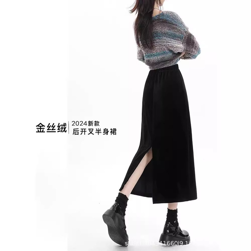 Skirt for Petite Women, Autumn and Winter 2024, Back Slit, Mid-Length, High-Waisted, Black Straight Skirt, Fleece-Lined, Fashionable and Versatile