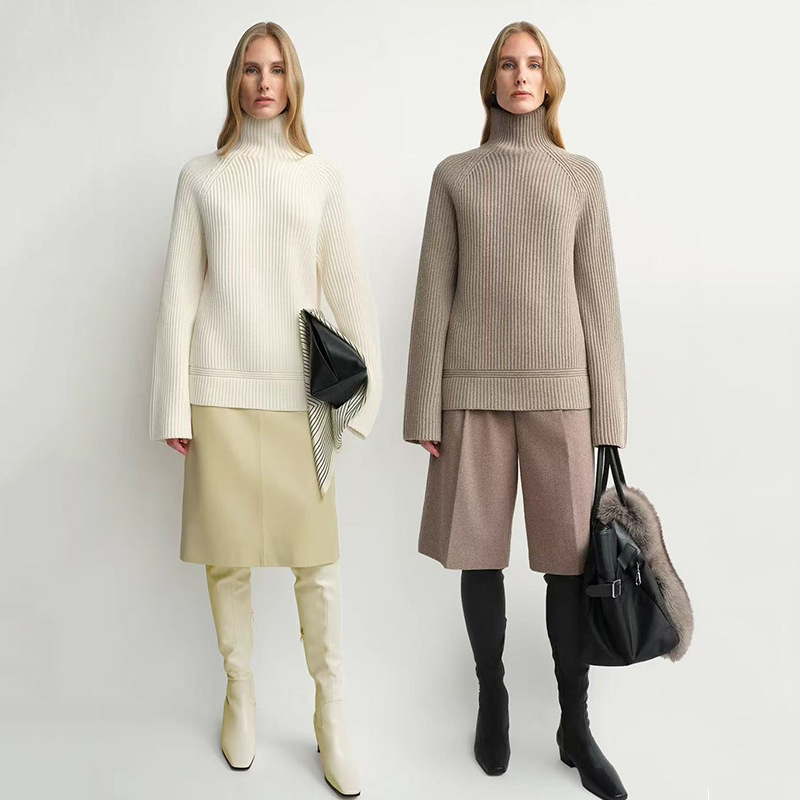 Autumn and Winter New European and American Classic Ribbed Merino Wool Sweater for Women with Raglan Sleeves, High Collar, and Loose Fit