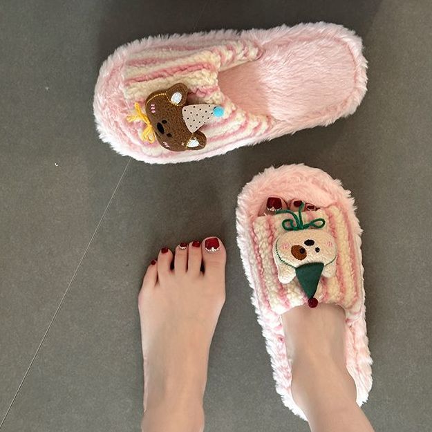 Moda versátil estilo retro lindas zapatillas de pelo de oso damas 2026 otoño y invierno nuevas zapatillas de algodón de peluche a rayas image 1