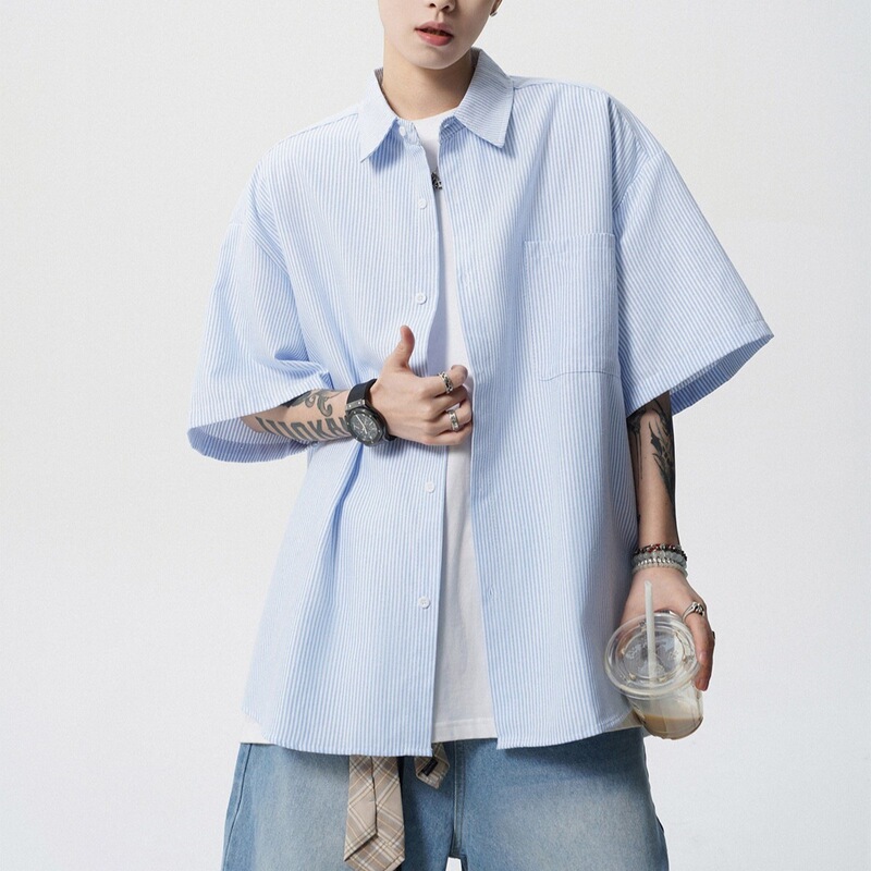 Versatile Hong Kong Style Simple Blue and White Striped Summer Short-Sleeve Shirt Jacket for Men, Casual Fashion Loose Fit Versatile Shirt