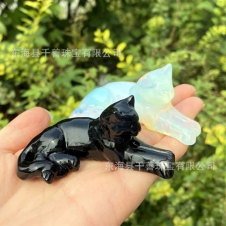 天然水晶黑曜石蛋白石趴猫跨境爆款手工DIY 雕刻件水晶创意摆件