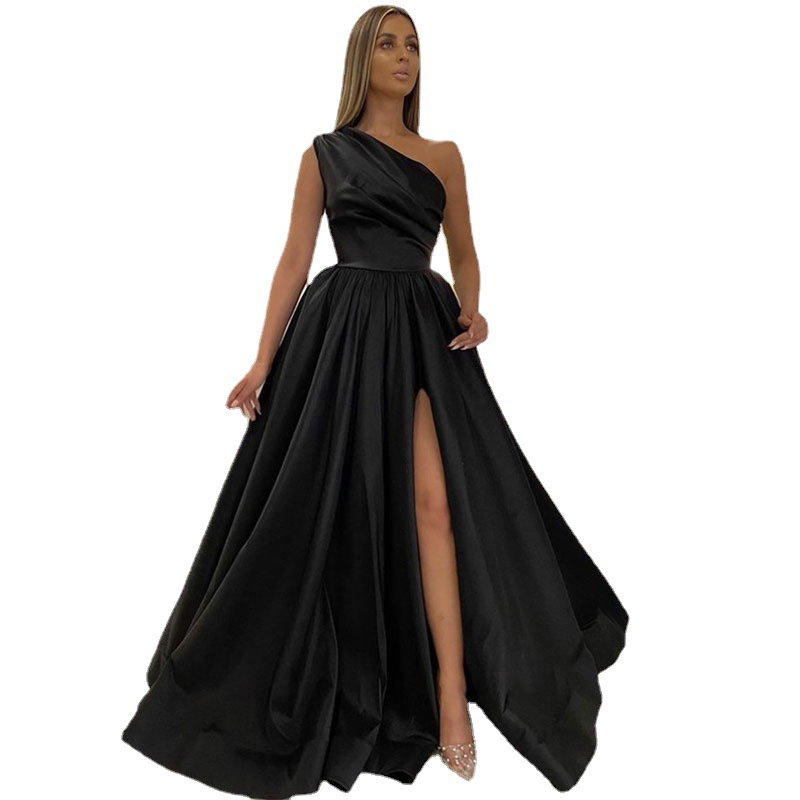 Comercio exterior europeo y americano Amazon AliExpress wish señoras nuevo vestido de noche de un solo hombro vestido de noche de satén dividido sexy