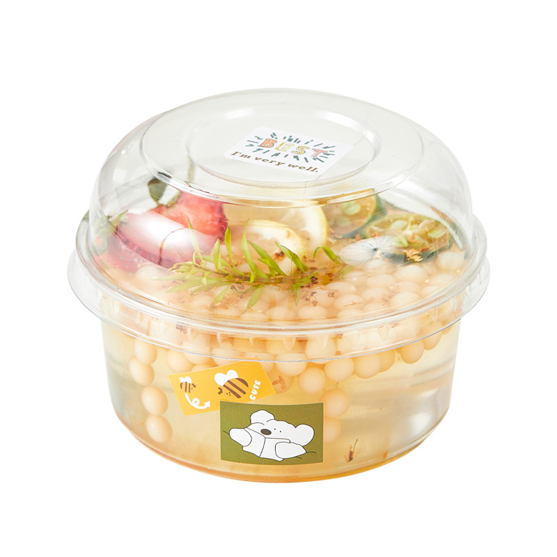 Taza de congelación de leche de coco, tazón de yogur extraído en frío, polvo de hielo asado, hierba de仙境, fruta pescada, postre, caja de embalaje transparente desechable