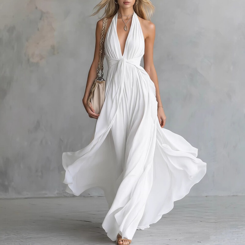 2026 Summer Women's Clothing Solid Color V-Neck Sleeveless Sexy Waist Slimming Dress 2026 Autumn New Style