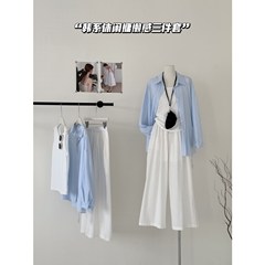 MILLAIDI春の怠惰なストライプのスリット日焼け止めシャツのベストカジュアルなハイウエストのワイドパンツの3つのセット