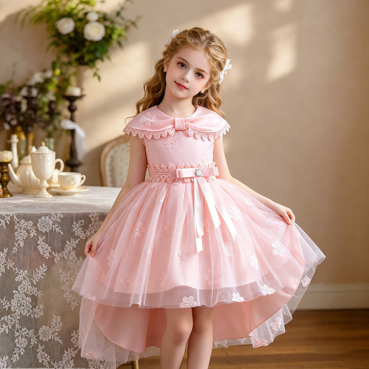 Vestido de niña nuevo transfronterizo vestido de princesa de gama alta vestido de pasarela Show de niña de flores anfitrión piano