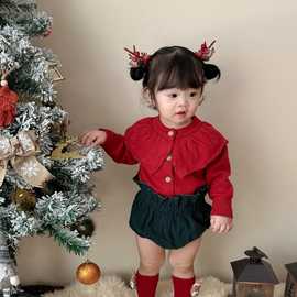 秋冬装女童宝宝红色毛衣洋气圣诞新年服婴童百搭翻领针织外套上衣