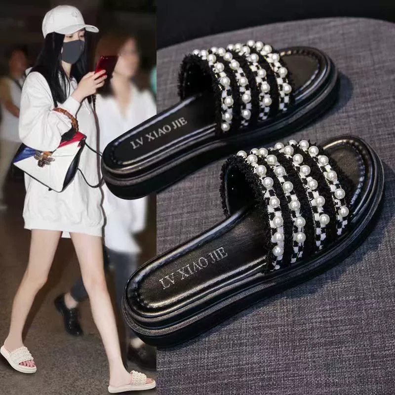 2025 новые стильные тапочки для женщин, которые можно носить на улице, интернет-знаменитости Xiaoxiangfeng, новые летние тапочки на толстой подошве, элегантные и модные сандалии