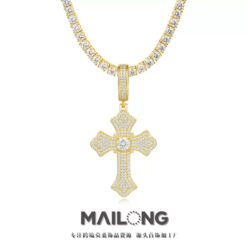 跨境莫桑石吊坠s925纯银十字架欧美嘻哈时尚潮流项链男配饰批发