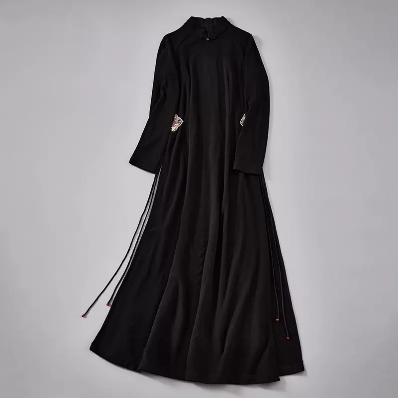 婵茶赋2024秋冬新款黑色长裙奥黛旗袍高腰修身澳绒双面长袖连衣裙