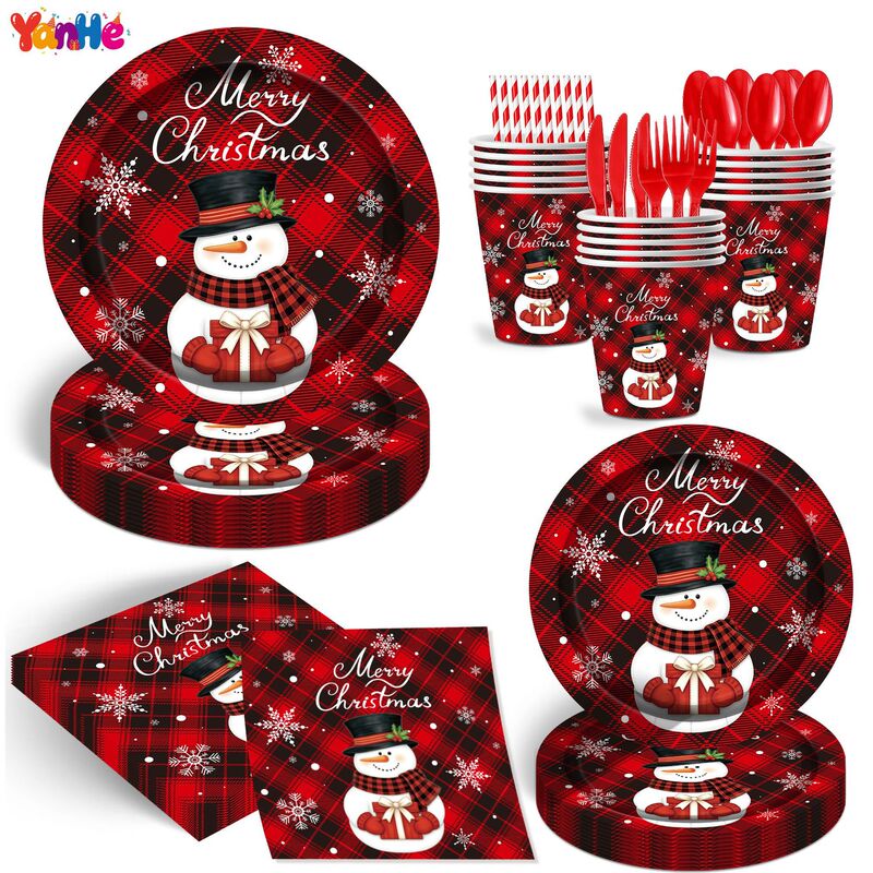 Christmas Snowman Plaid Theme Disposable Paper Plates, Cups, Tablecloth, and Straw Set for Holiday Parties Christmas Snowman Plaid Theme Disposable Paper Plates, Cups, Tablecloth, and Straw Set for Holiday Parties
