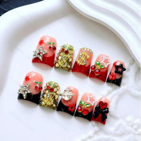 Handmade short duckbill press-on nails Y2K spicy girl style with cherry and dollar diamond decorations, detachable summer fake nails for foreign trade Handmade short duckbill press-on nails Y2K spicy girl style with cherry and dollar diamond decorations, detachable summer fake nails for foreign trade