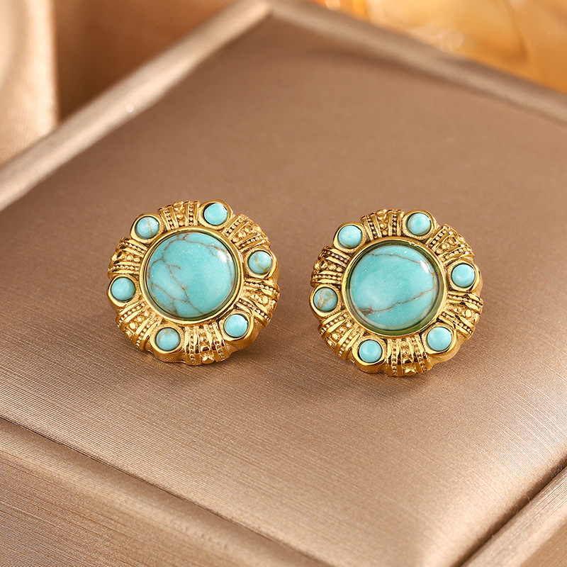 9g Weight 304 Stainless Steel Ear Needle Material 18K Gold Plated Plating Material Earrings, Ear Studs Classification 1 Pair Quantity Party, Tea Party Occasion 304 Stainless Steel, turquoise Material Geometric Pattern All Seasons Season Women's Gender Retro, Classic Style Style 1 Pair Retro Classic Style Geometric 304 Stainless Steel Turquoise 18K Gold Plated Earrings Ear Studs 11