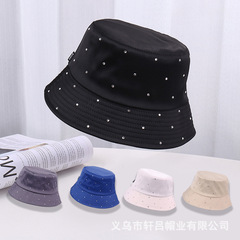 新款綢緞盆帽女韓版休閒百搭燙鑽滿天星時尚漁夫帽春季防曬遮陽帽