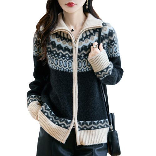 Fair Island Jacquard wool cardigan women's thick knitted sweater coat Age-reducing autumn and winter women's top new