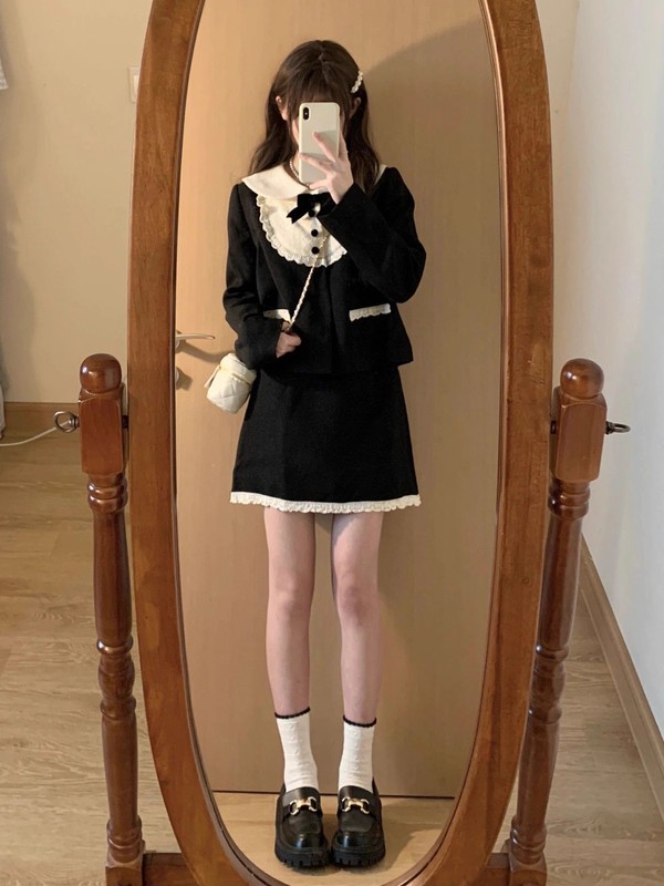 法式千金风蕾丝娃娃领连衣裙女春秋韩剧女主感小洋装两件套装|undefined