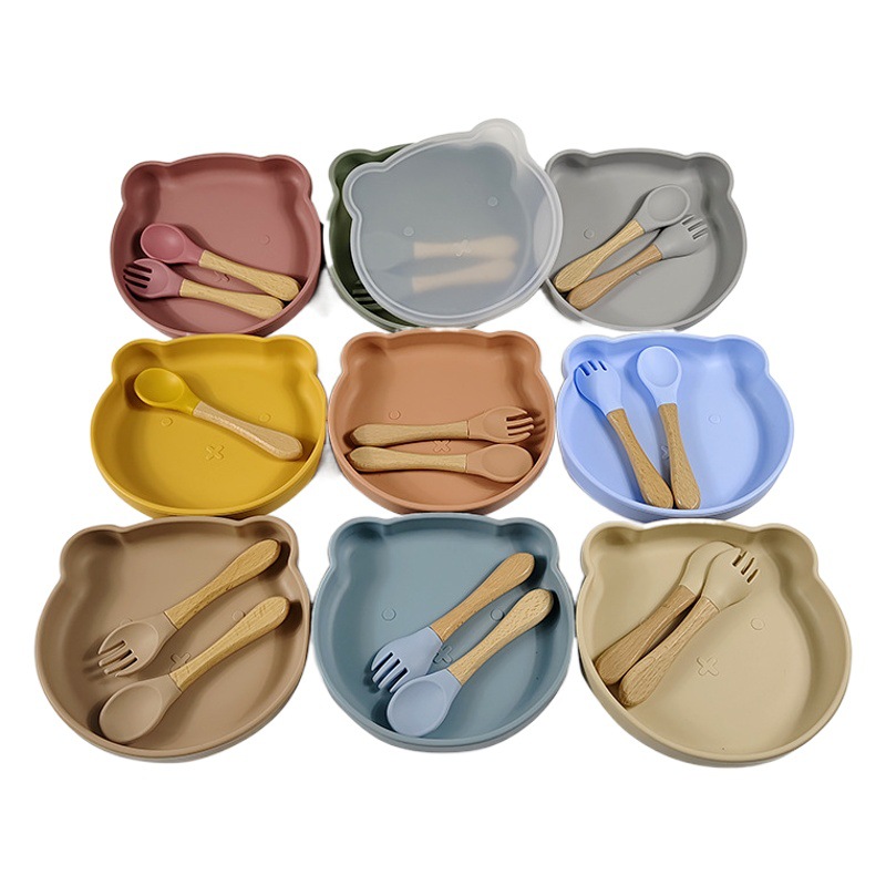 Oso de dibujos animados plato con cubierta de polvo plato de cena infantil bebé vajilla lechón comida complementaria infantil plato de cena de silicona