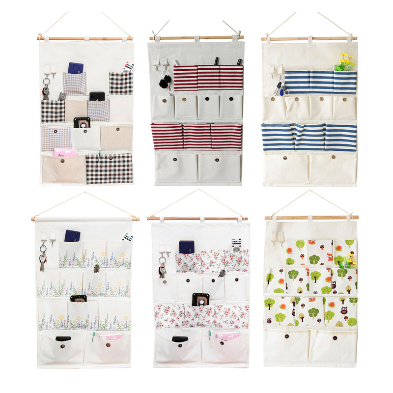 北欧家居布艺12兜带挂钩挂袋书本遥控器收纳布艺收纳袋0981