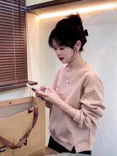 粉色短款圆领加绒卫衣女秋冬新款今年流行小个子宽松上衣