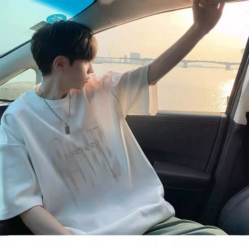 100% хлопок 240g минималистичный дикая футболка с короткими рукавами для мужчин размытый абстрактный алфавитный принт свободный повседневный полурукав