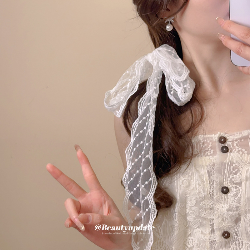 Versión coreana de la bufanda de seda bordada de encaje, banda para el cabello, lazo para el cabello casual de temperamento salvaje, tocado de vacaciones de moda, accesorios para el cabello, sentido de alta gama