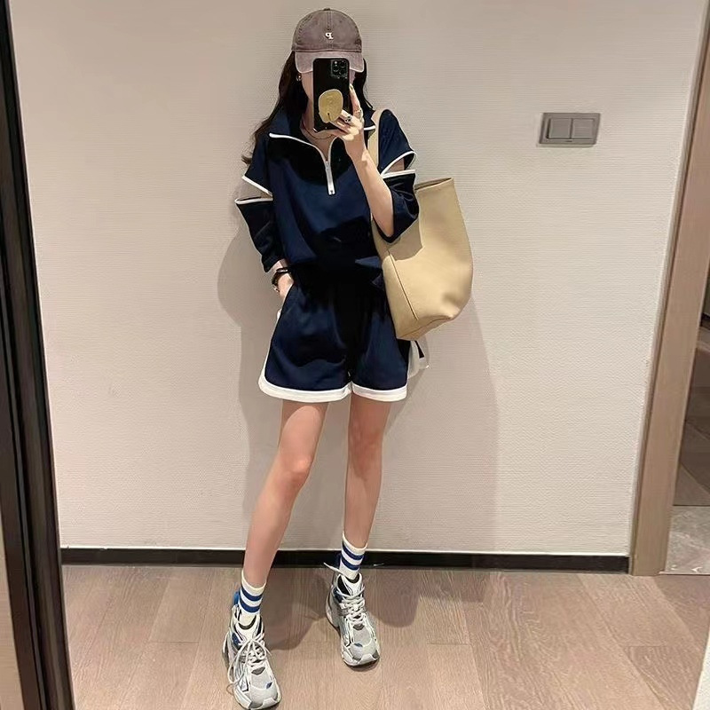 Casual Polo Collar Off-Shoulder Short-Sleeved T-Shirt Women's Shorts Autumn Clothes Loose plus size Slimming Sportswear Two-Piece Suit for Women Casual Polo Collar Off-Shoulder Short-Sleeved T-Shirt Women's Shorts Autumn Clothes Loose plus size Slimming Sportswear Two-Piece Suit for Women