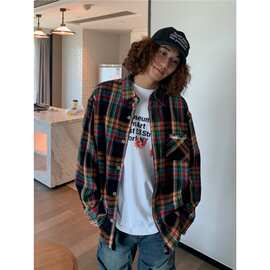 春秋日系复古cityboy撞色格子长袖衬衫字母潮牌百搭休闲衬衣男女