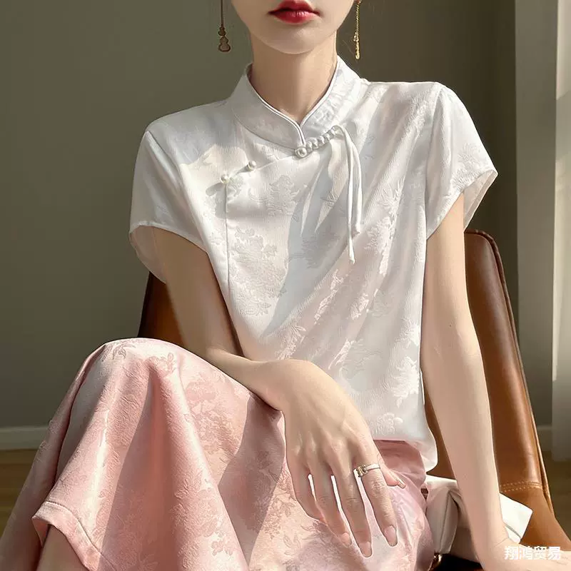 Китайская национальная ветреная пуговица жаккардовая рубашка атласная дзен чонсам топ с вертикальным вырезом рубашка шелковая рубашка с короткими рукавами