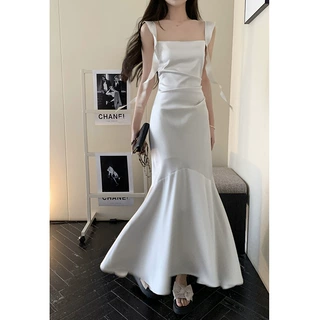 白色宴会晚礼服缎面吊带连衣裙女夏季气质鱼尾长款订婚聚会小礼服