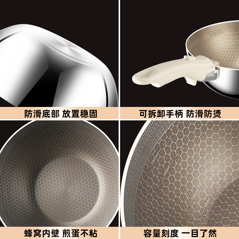 Sartén antiadherente sin recubrimiento, wok doméstico con titanio, panal de acero inoxidable, wok engrosado, cocina de inducción, estufa de gas, universal