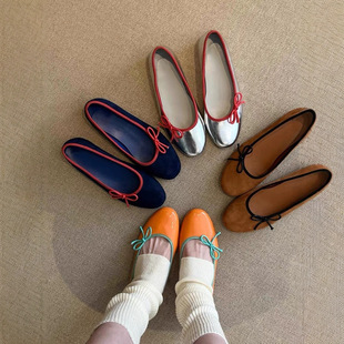 2023 New French Retro Cute Bow Shallow Mouth Mary Jane Shoes Women's Soft Leather Flat Ballerina Shoes