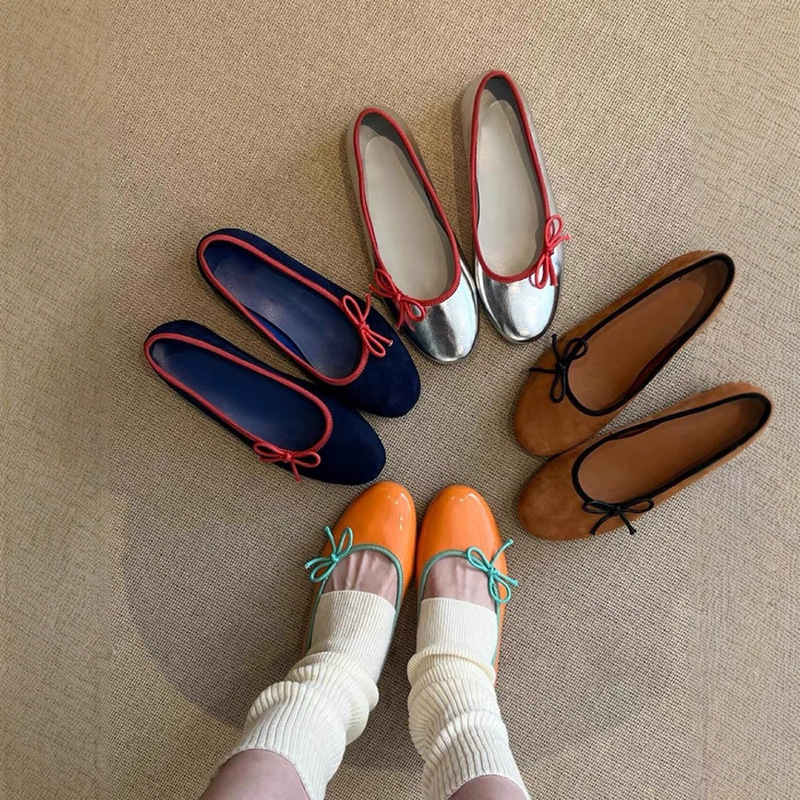 2023 New French Retro Cute Bow Shallow Mouth Mary Jane Shoes Women's Soft Leather Flat Ballerina Shoes