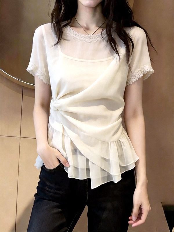 Áo thun nữ cổ tròn tay ngắn ren trắng phối viền hoa — màu trắng ngà