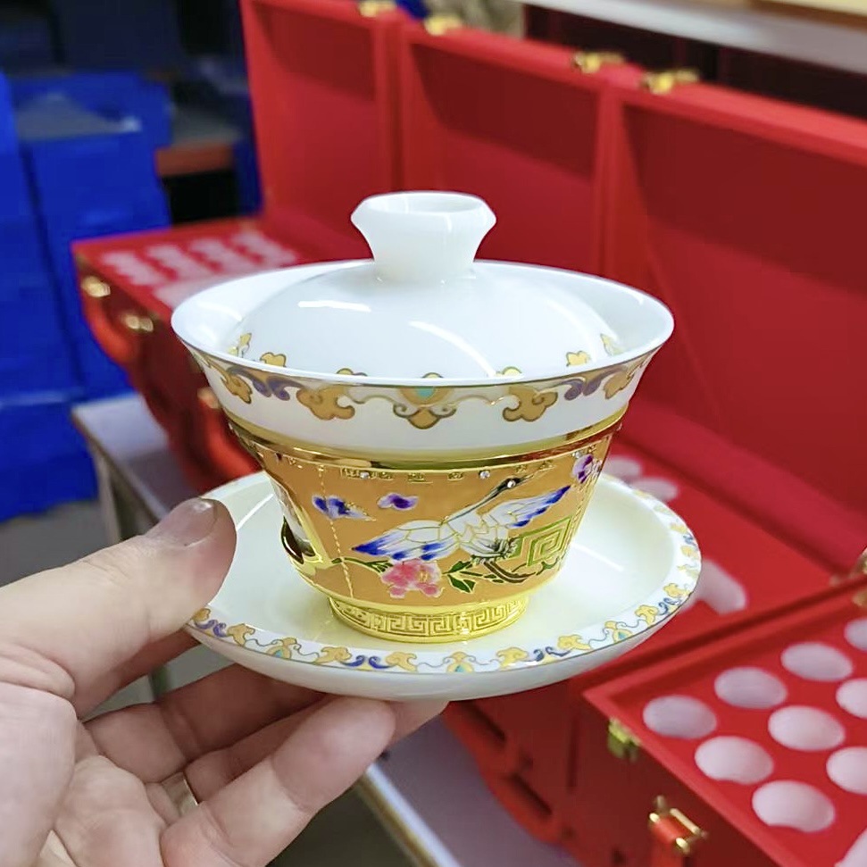 仙鹤抱福旋转茶盏手工三才盖碗敬茶碗宫廷风品茗杯礼盒装跨境批发