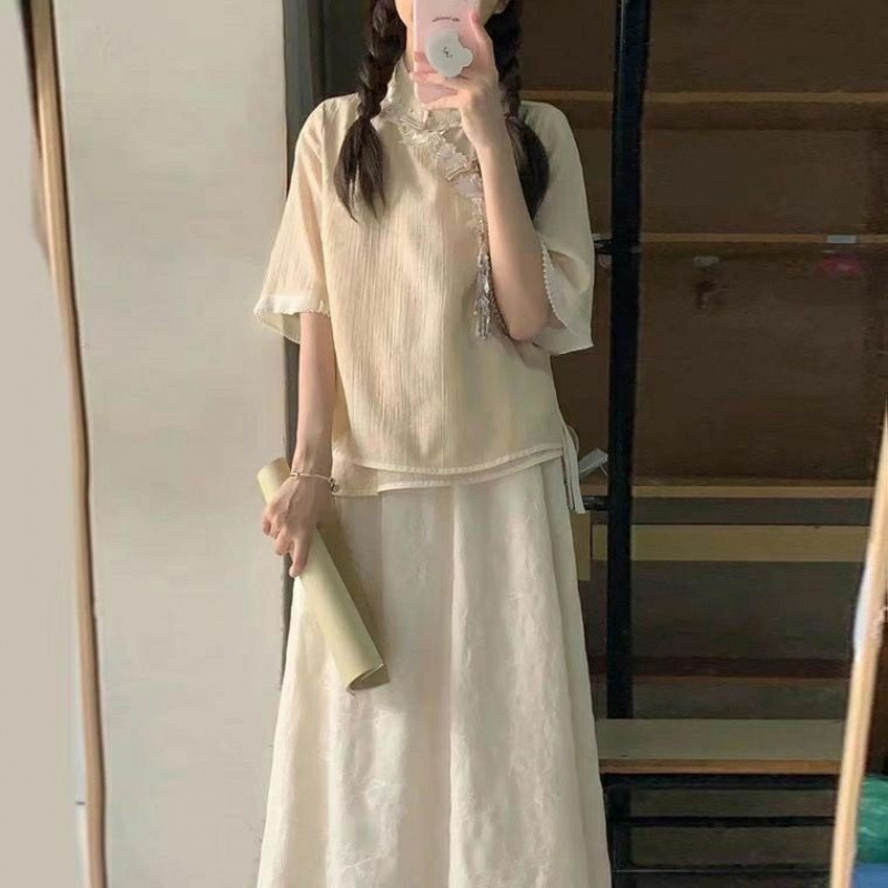 新中式旗袍上衣女装气质高级感日常复古少女旗袍连衣裙子套装夏季|undefined