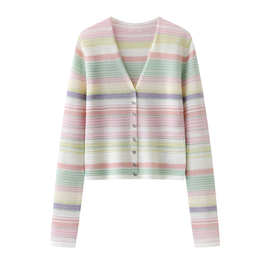现货2026春新款甜美风V领彩条纹长袖针织开衫上衣3K1YE39
